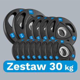 Zestaw obciążeń żeliwnych gumowanych 30kg ( 8x1.25kg + 4x2.5kg + 2x5kg ), otwór olimpijski 51mm,  REBEL ACTIVE